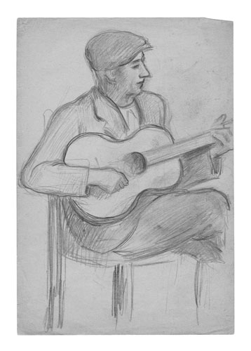 Giovane che suona la chitarra, matita su carta beige, cm 31,6x21,7