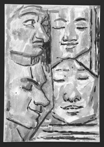 Quattro volti, china acquerellata a matita su carta da spolvero, cm 33,5x23,7