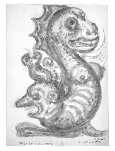 Mostro dalle due teste, china acquerellata su carta, cm 32,8x24